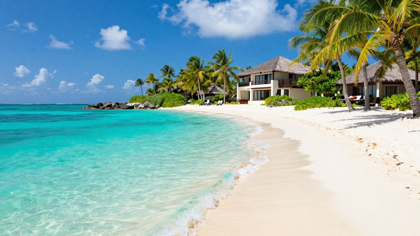 Tropical beach with palm trees and resort.