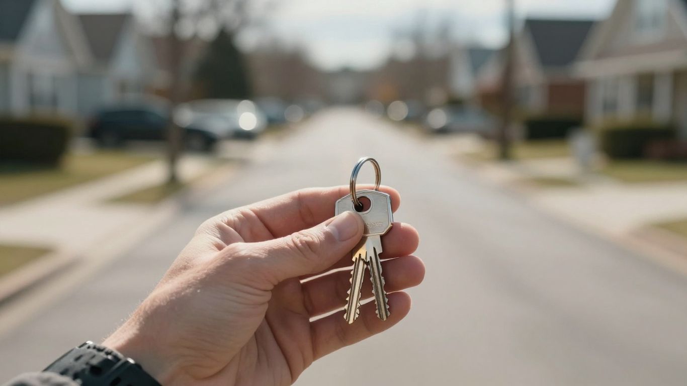 House key with blurred street background.