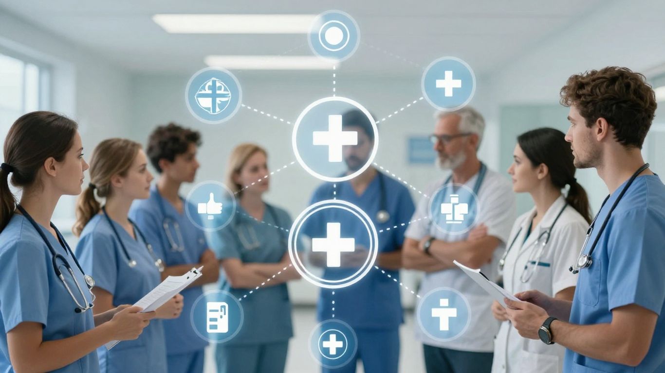 Interconnected medical symbols forming a network over a blurred healthcare facility.