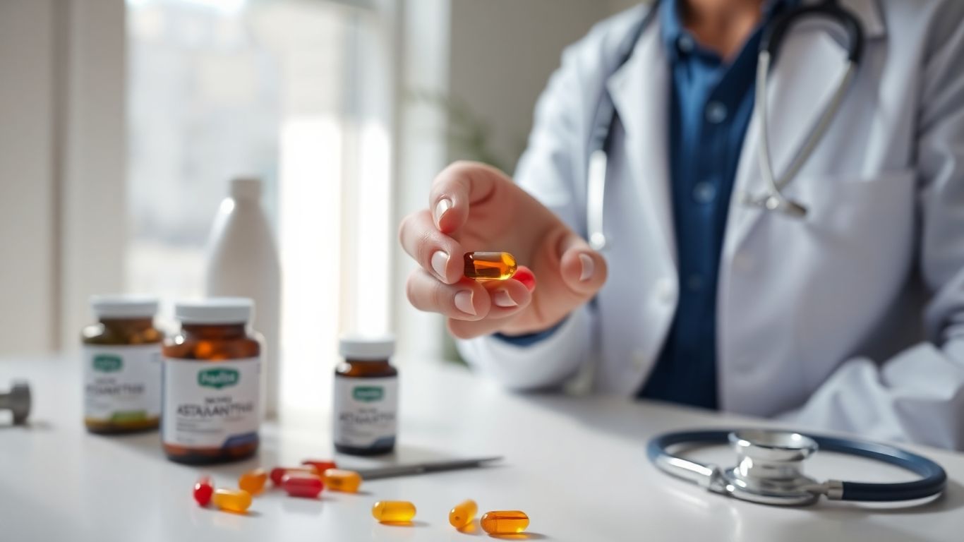 Doctor holding astaxanthin capsule in clinical setting