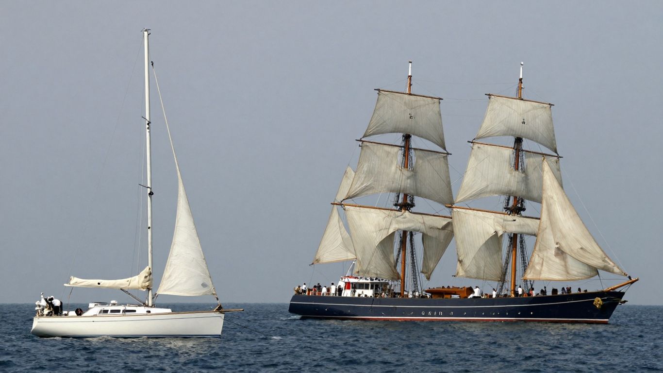 Sailboat moored versus ship sailing at sea.