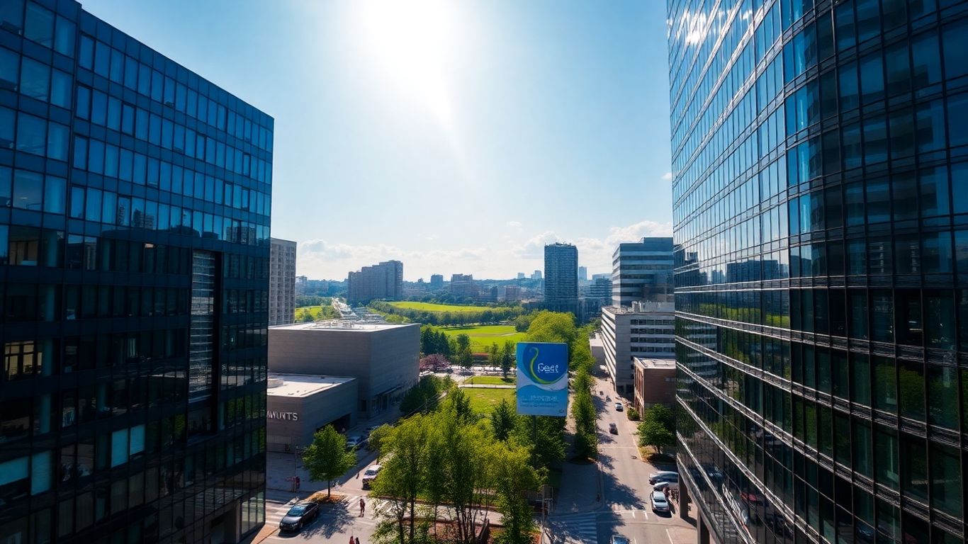 Hamilton cityscape with modern buildings and green spaces.