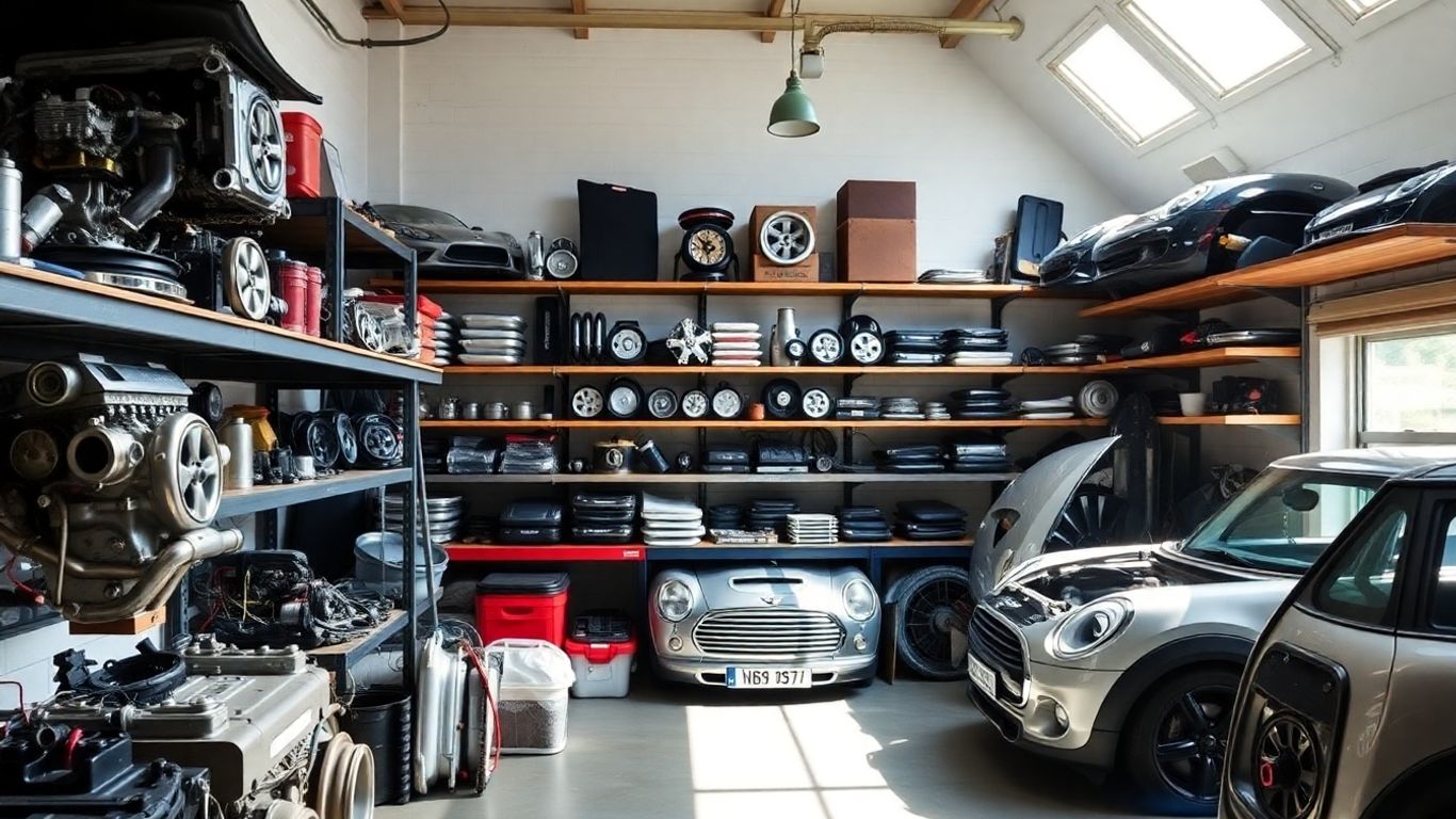 Mini Cooper parts in a workshop