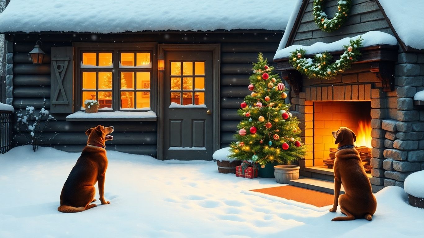 Cozy dog-friendly cottage with Christmas decorations and a happy dog.