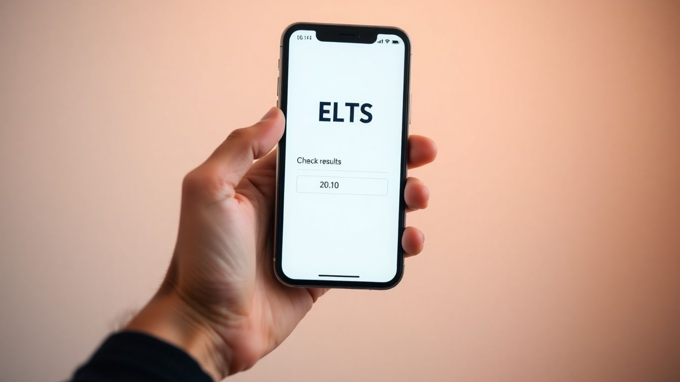 Checking IELTS results on a smartphone screen.