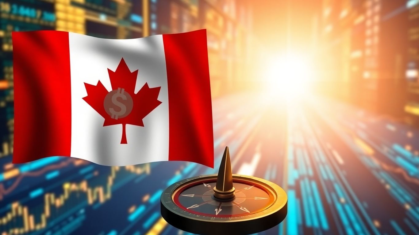 Canadian flag with crypto symbols and compass.