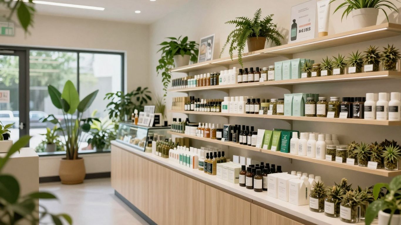 Modern dispensary interior with plants and cannabis products.