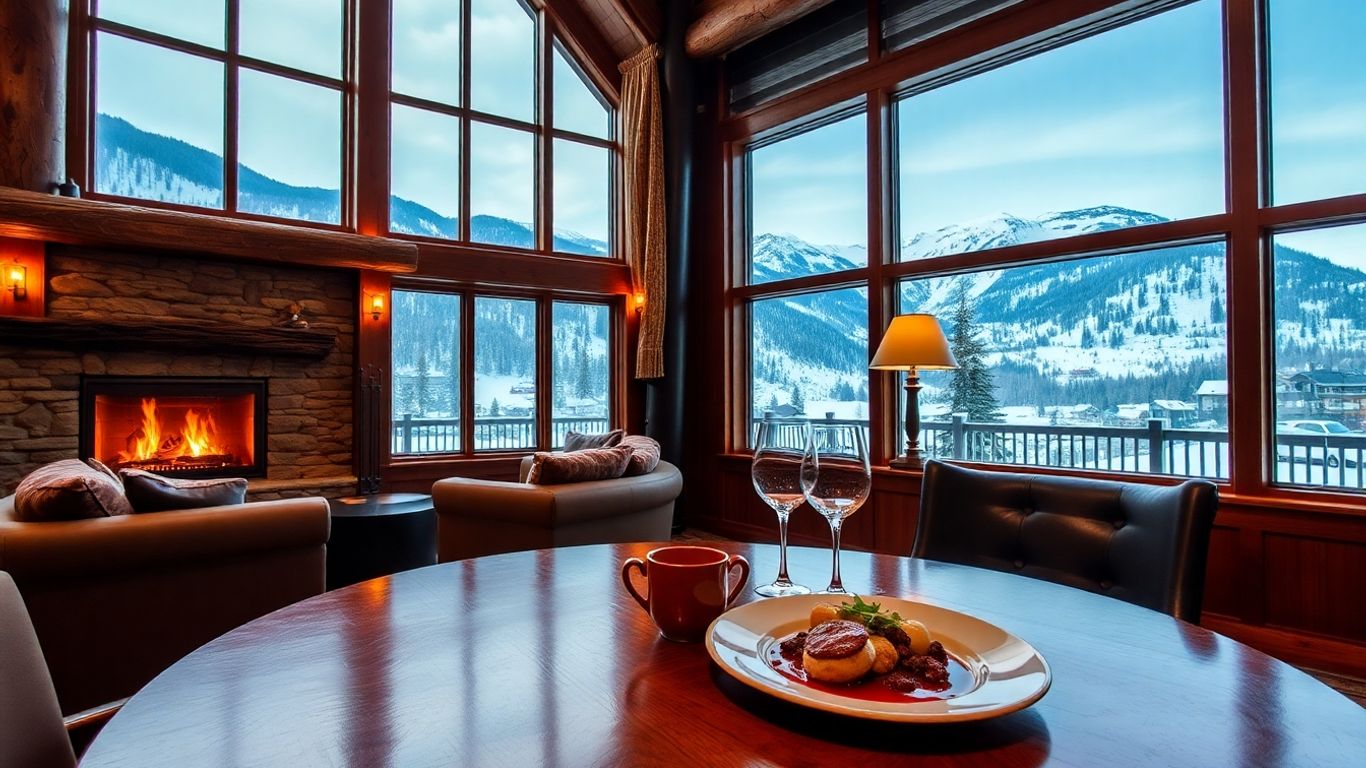 Luxury lodge interior with fireplace and mountain view.