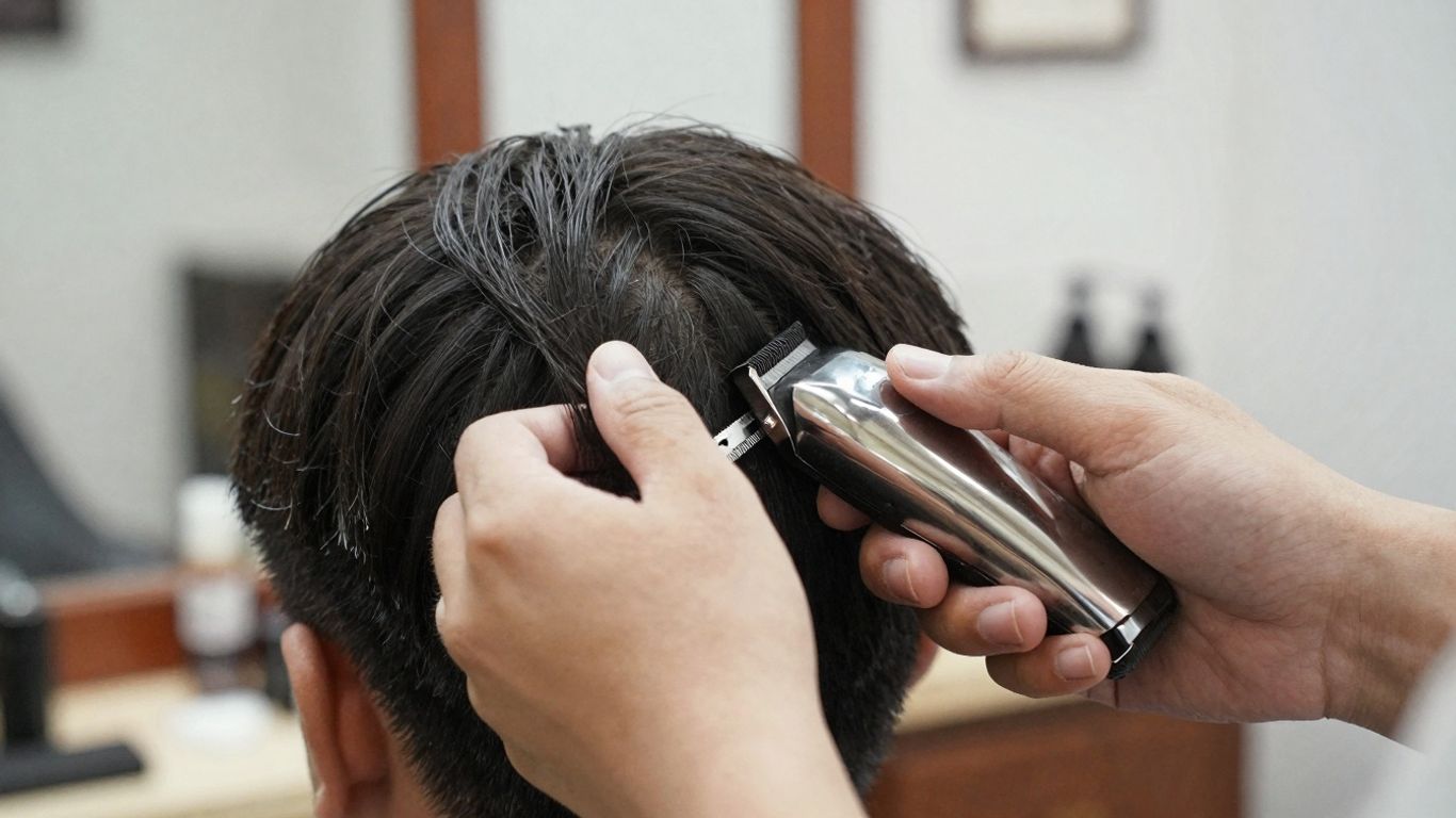 Barber trimming client's beard with clippers.