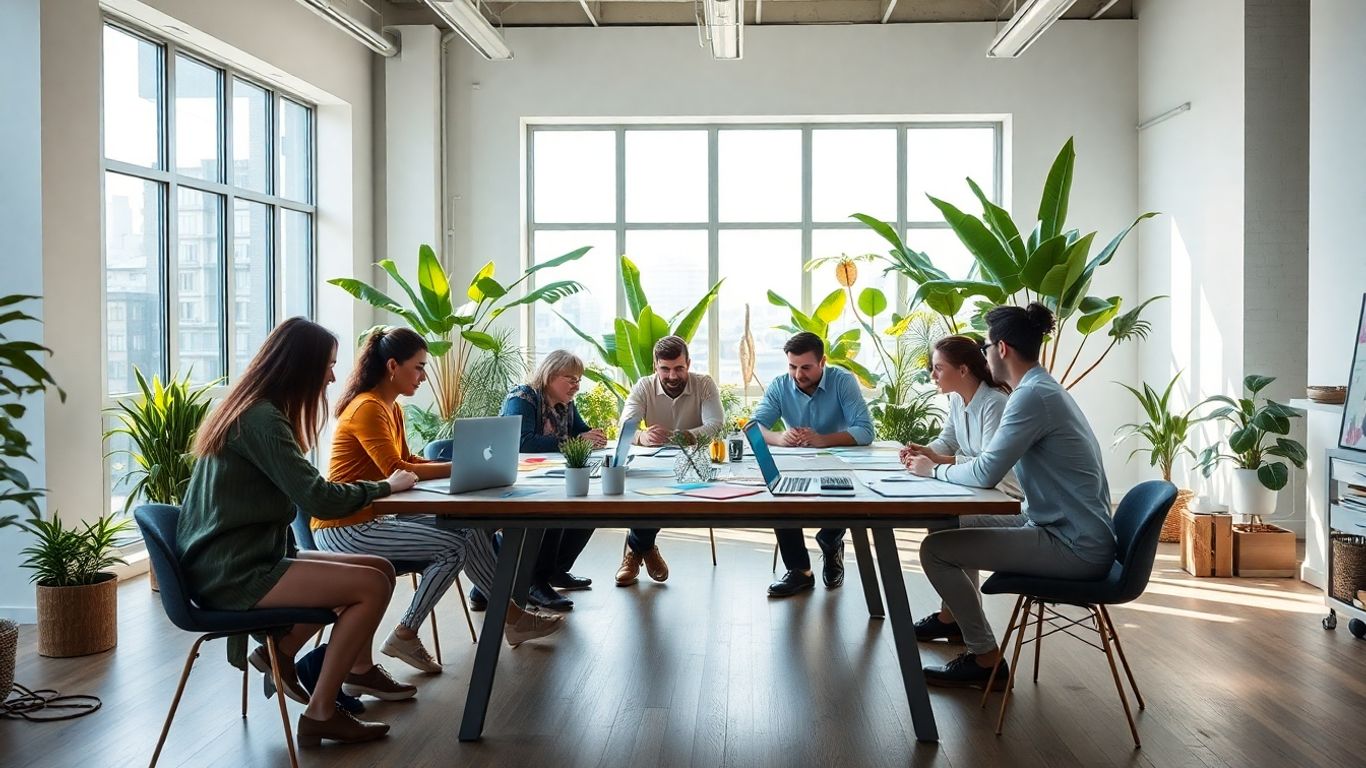 Creative team collaborating in a modern, airy studio.