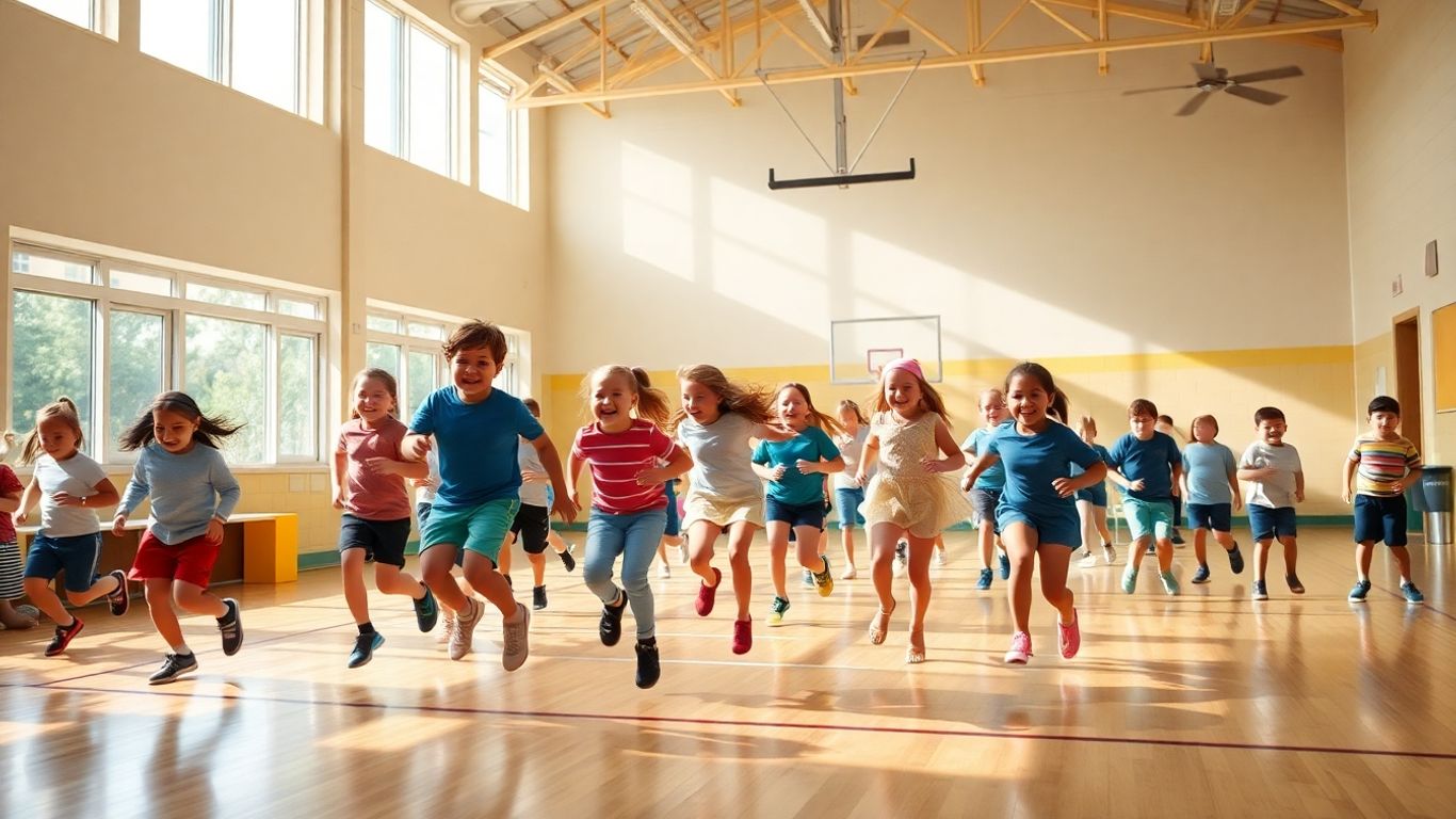 Kinder spielen und bewegen sich fröhlich in der Turnhalle.