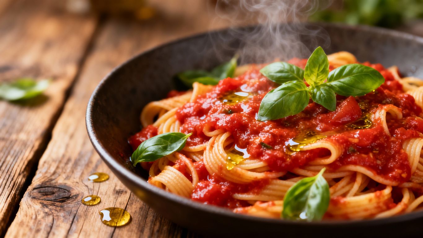 Authentic Italian pasta dish with tomato sauce and basil.