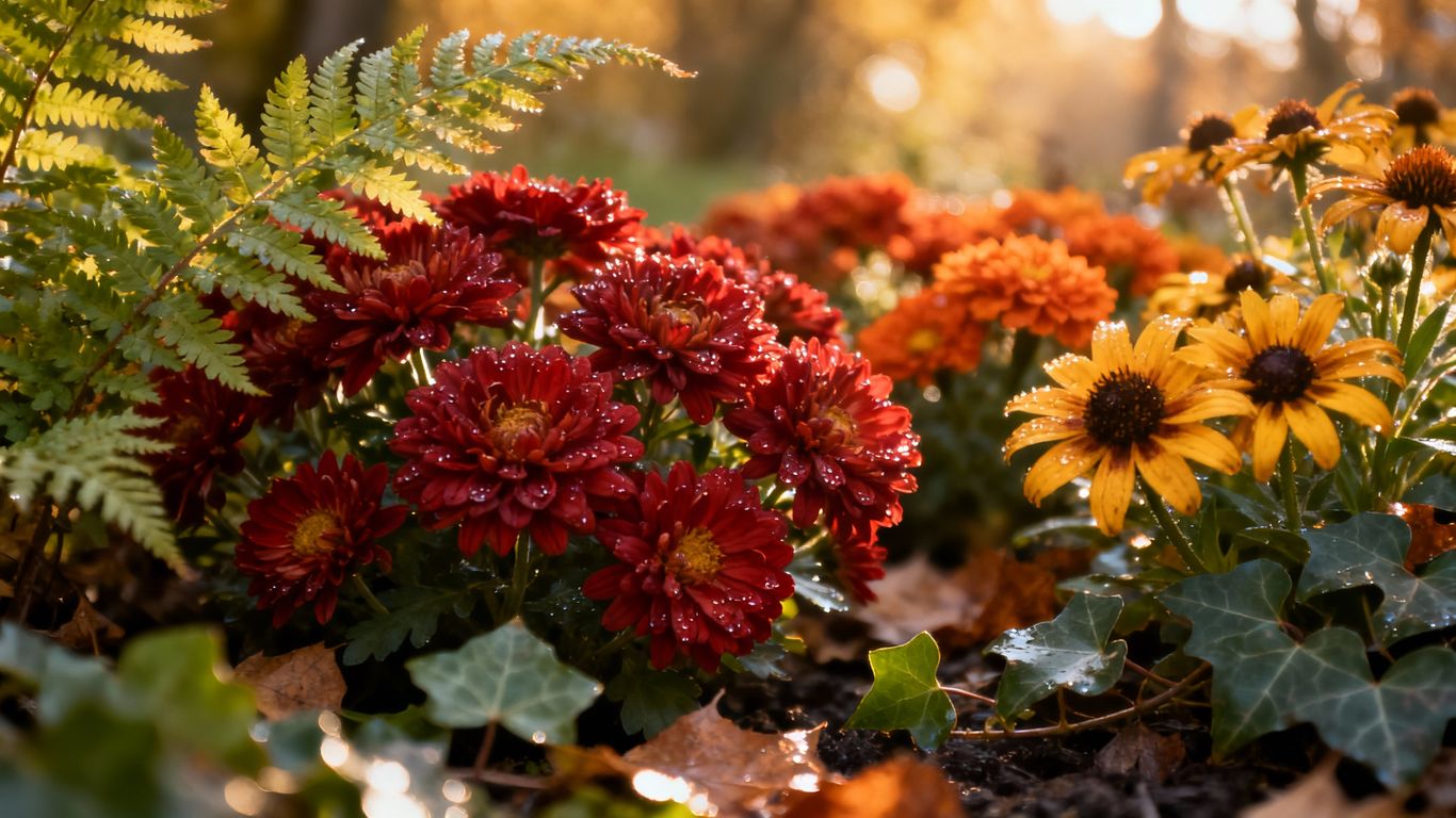 Colorful fall perennial flowers in a garden.