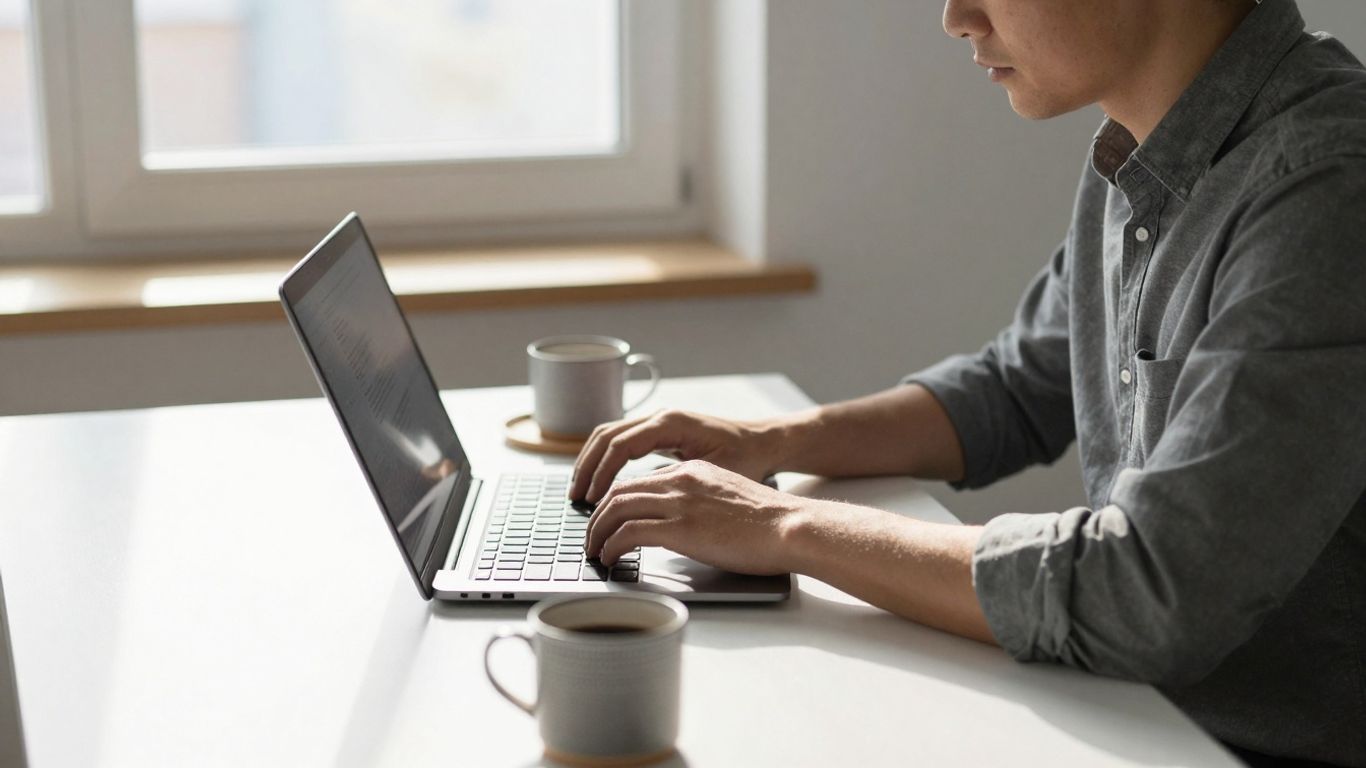 Person typing on laptop at desk, earning money.