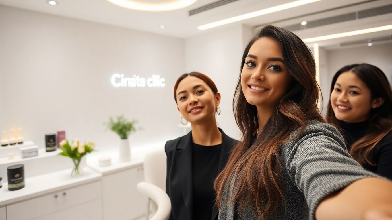Influencer posing in a modern aesthetics clinic.