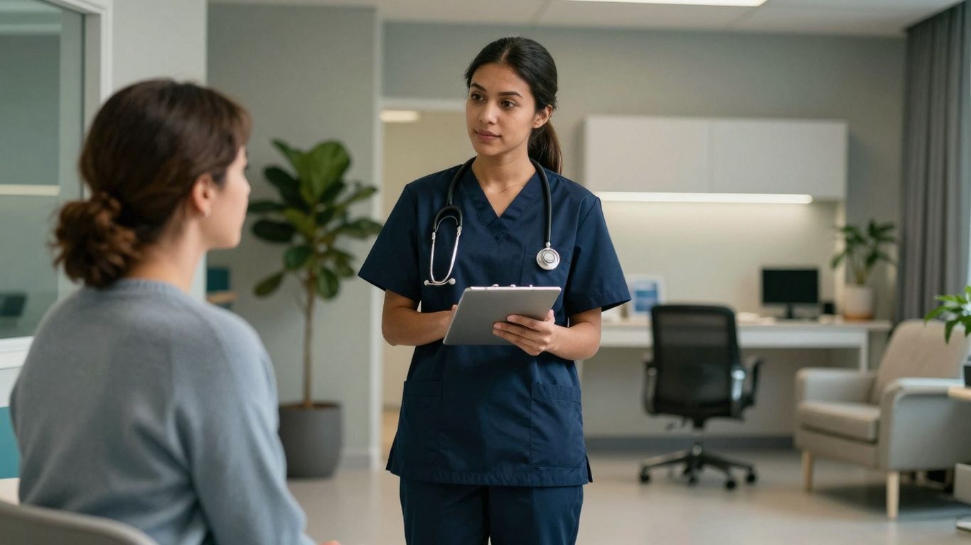 Australian mental health nurse providing care in a modern facility.
