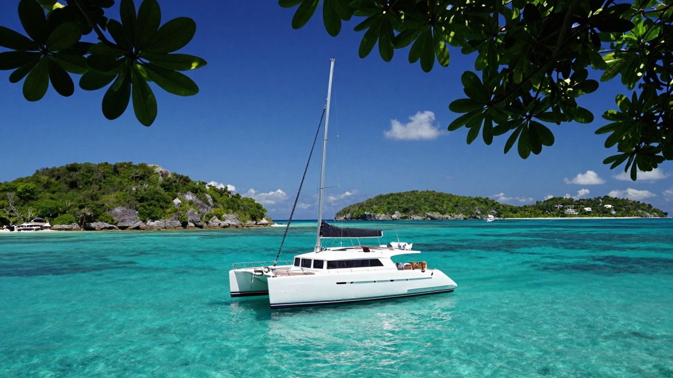 Luxury catamaran sailing on turquoise water near islands.