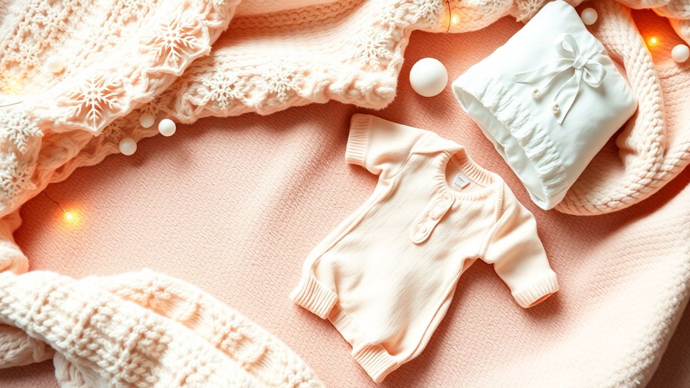 Cozy winter baby shower decor with blankets and baby outfit.