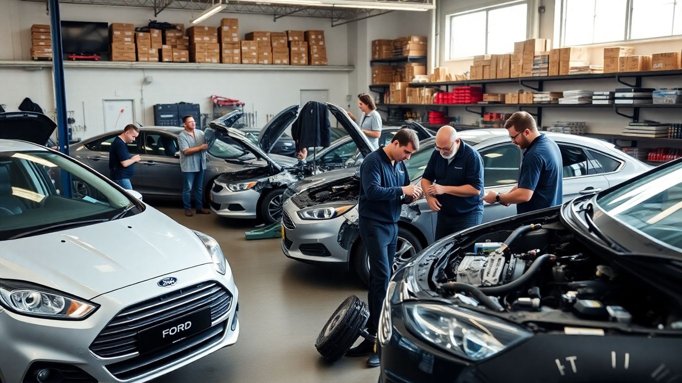 Mechanics working on Ford cars with spare parts