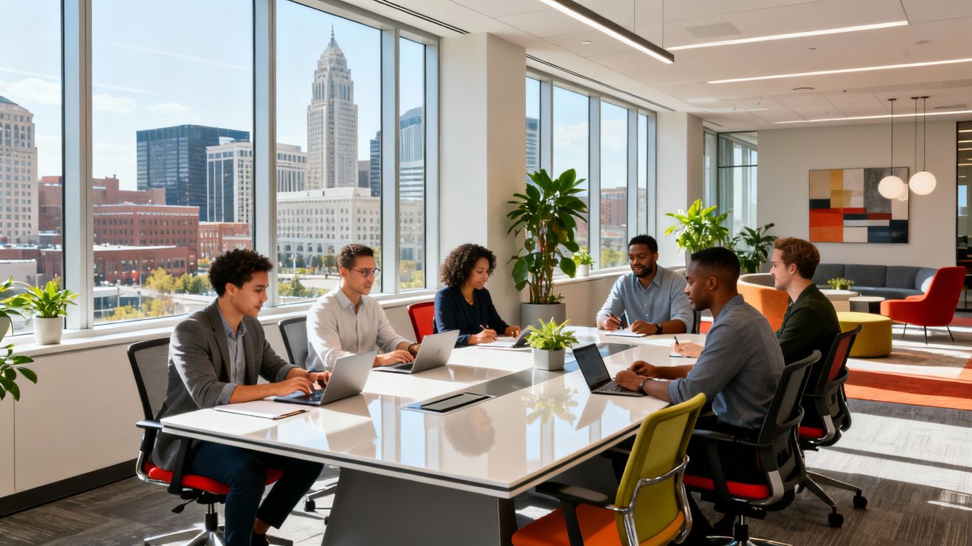 Columbus skyline and business team collaborating in office.