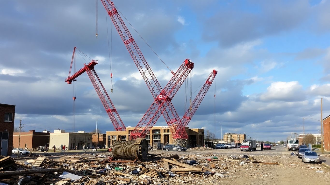 Grues tombées après une tornade à Ermont, Val-d'Oise.