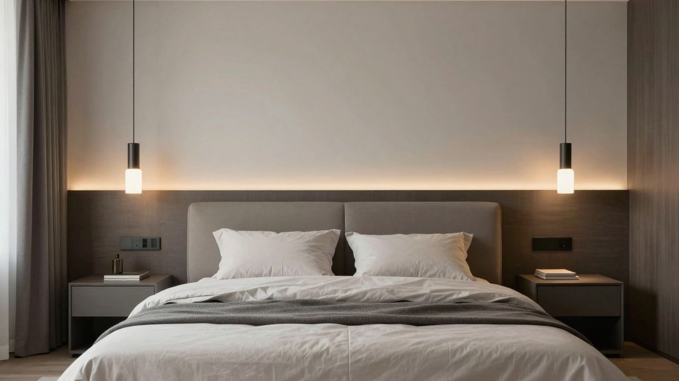 Modern bedroom with stylish bedside hanging lights.