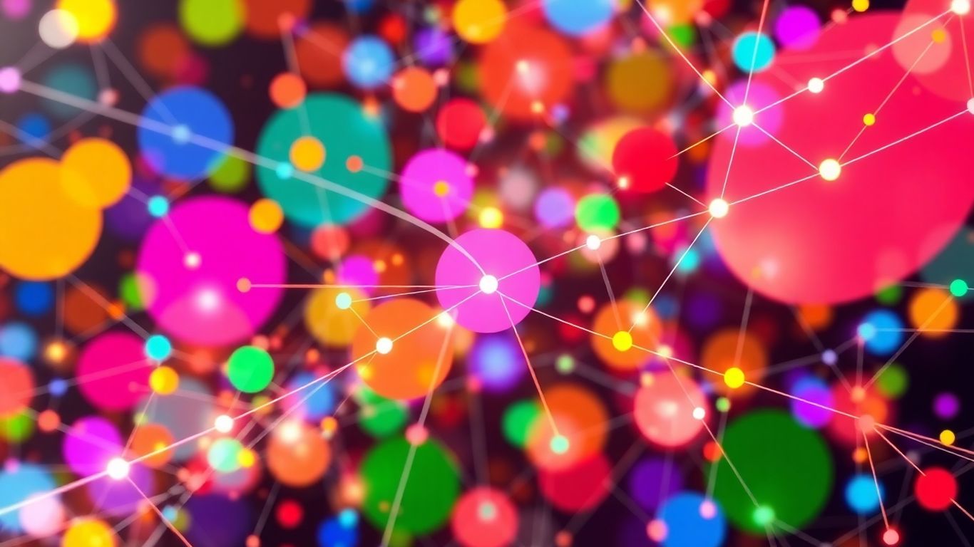 Abstract network of colorful data nodes and connections.