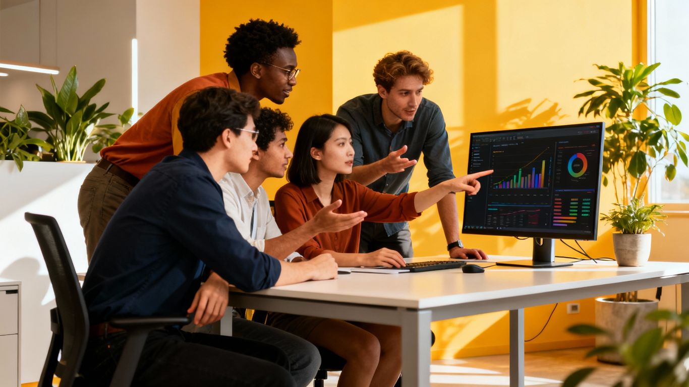 IT professionals collaborating in a modern office environment.