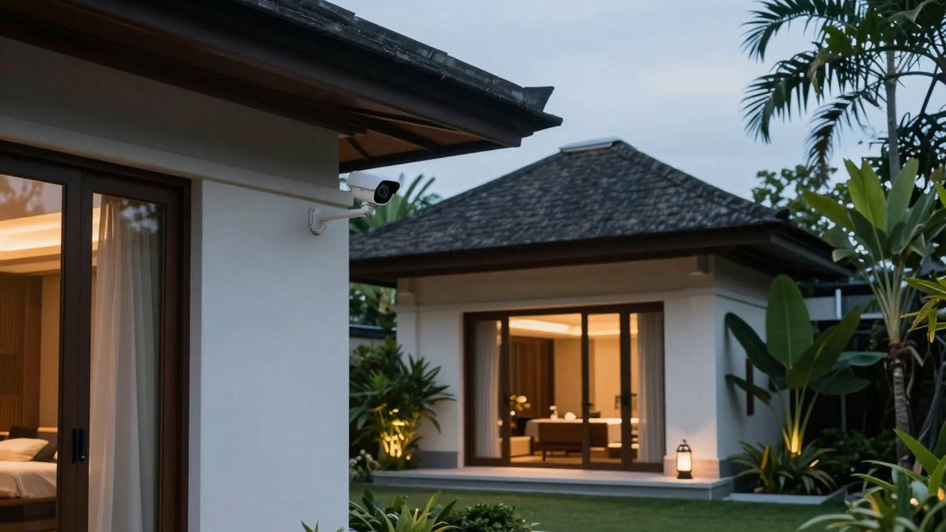 Modern Balinese villa with integrated security camera at dusk.