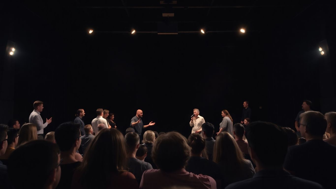Publicul interacționează cu actorii pe scena teatrului.