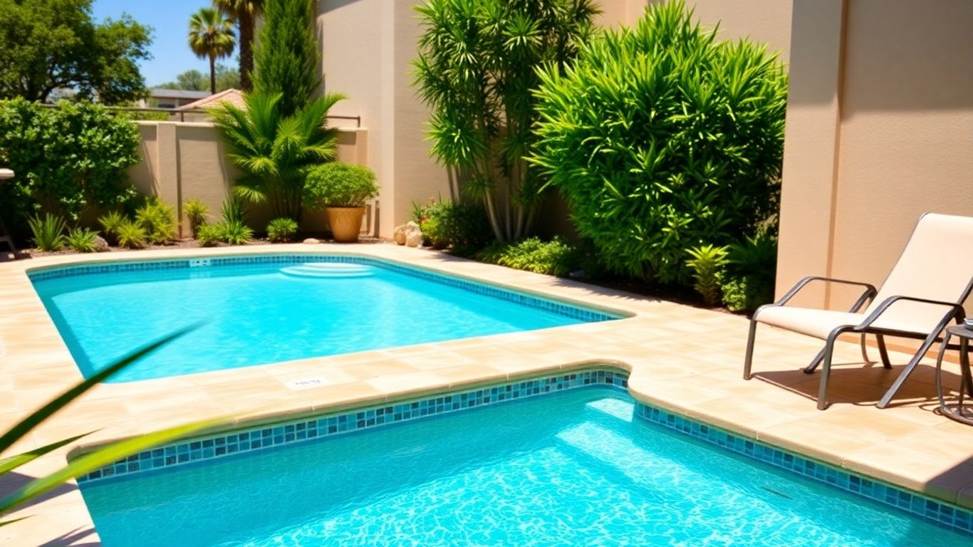Backyard salt water pool with lounge chair and green landscaping
