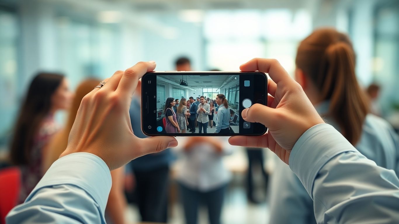 Professional using phone for LinkedIn Stories