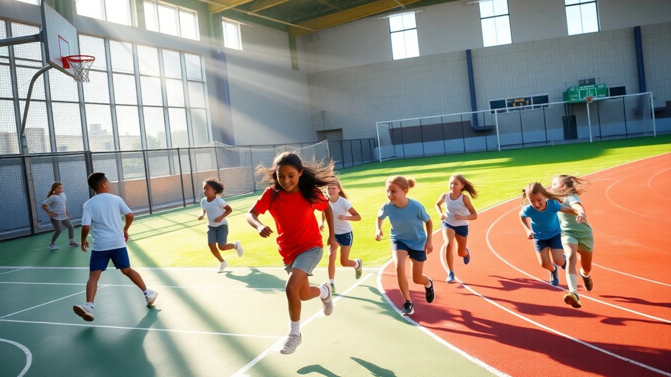 Schüler bei verschiedenen sportlichen Aktivitäten im Freien.