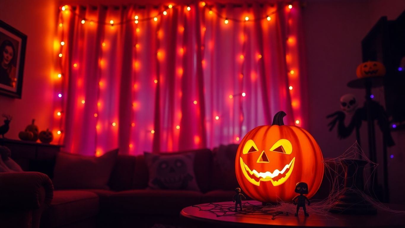 Cosy Halloween living room with orange and purple ambient lighting.