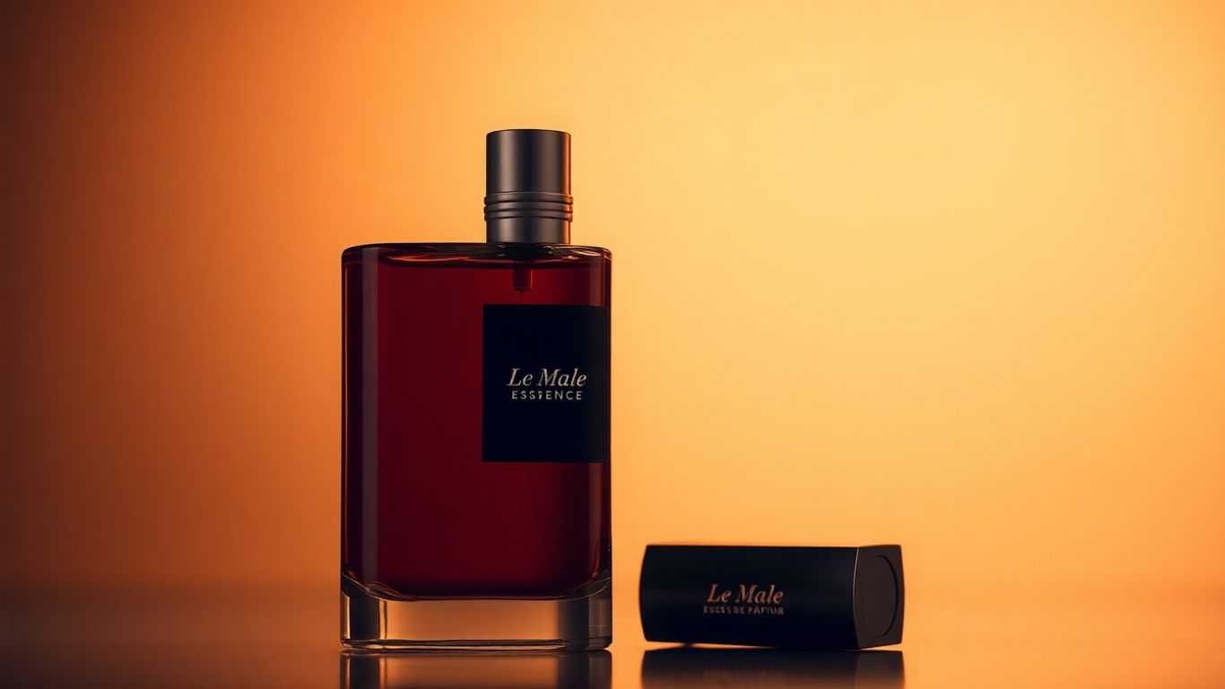 Le Male Essence de Parfum bottle with amber liquid.