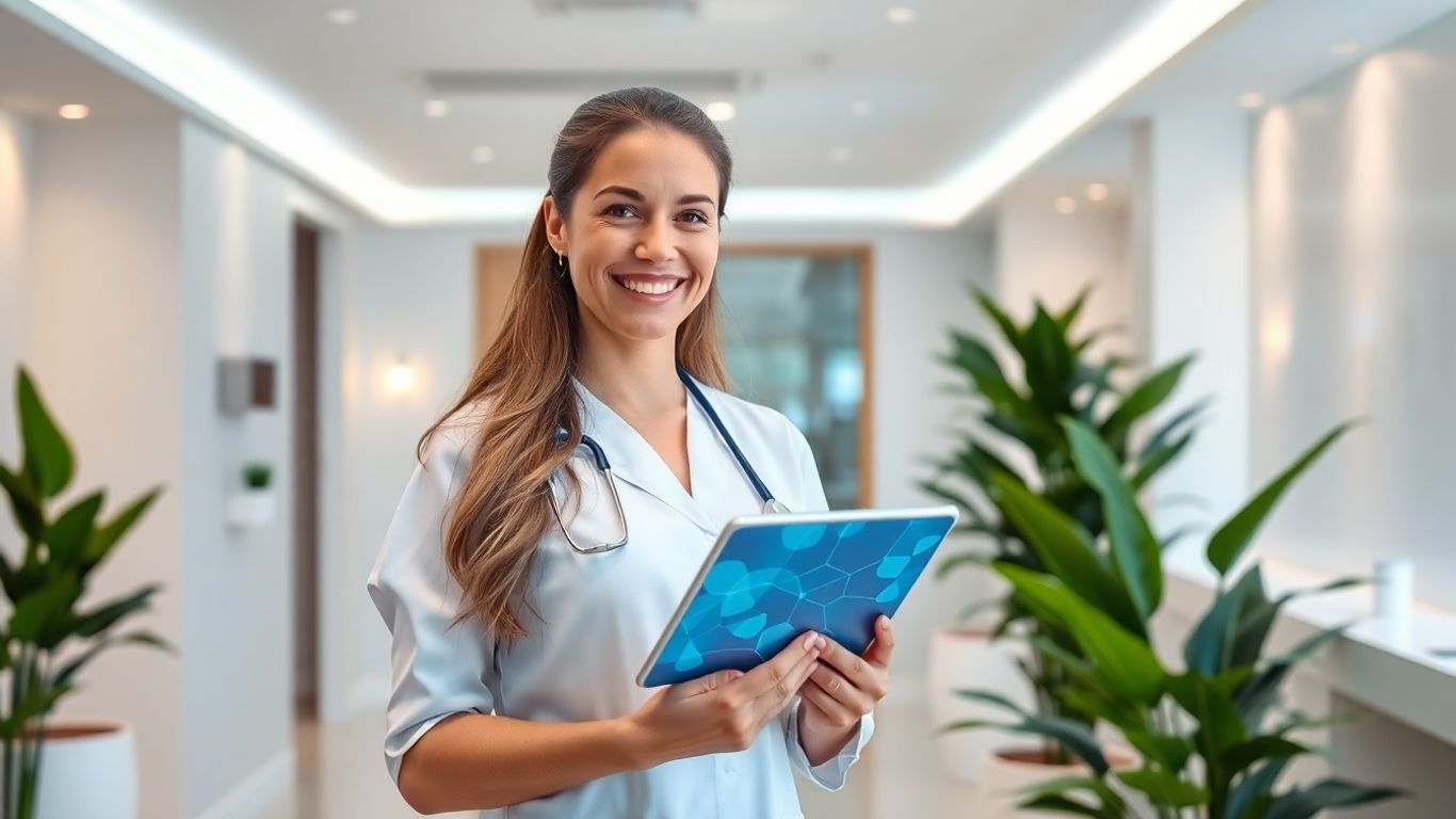 Medical spa interior with smiling professional holding tablet.