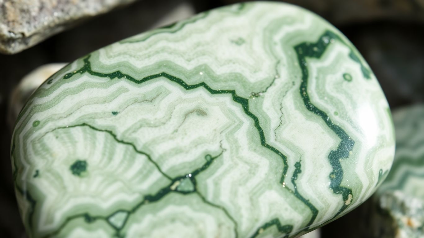 Polished seraphinite stone with feather-like patterns.
