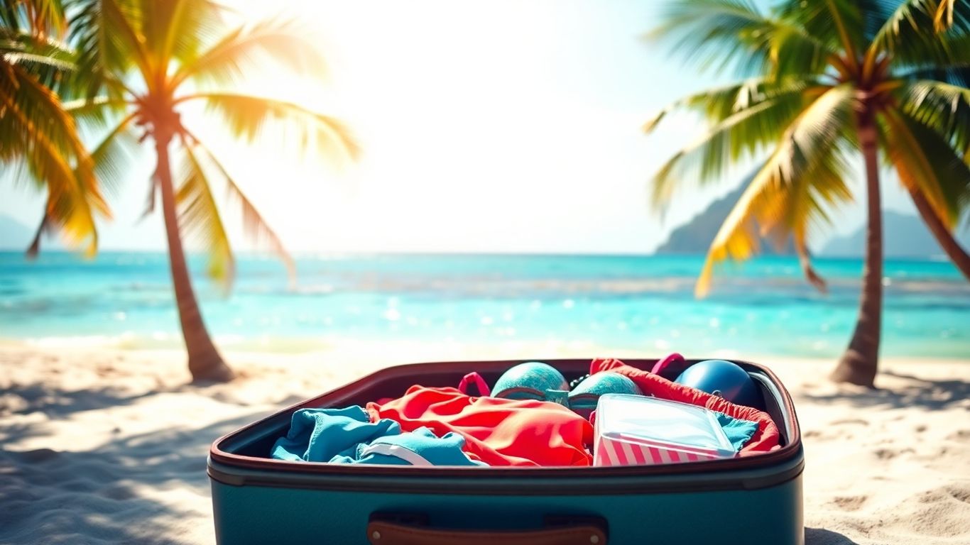 Plaża z walizką i strojami kąpielowymi