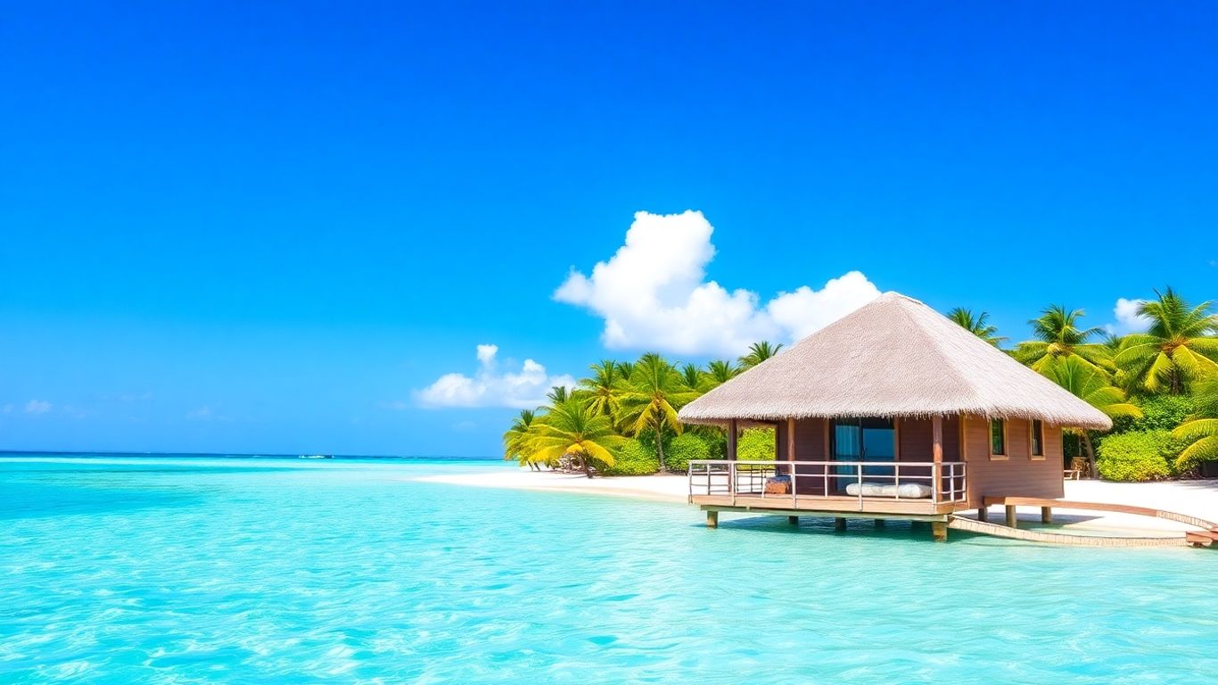 Overwater bungalow on a tropical beach with palm trees.