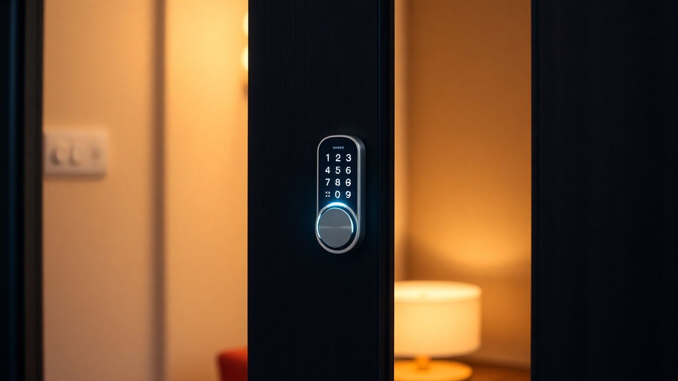 Modern smart lock on a wooden door, keyless entry