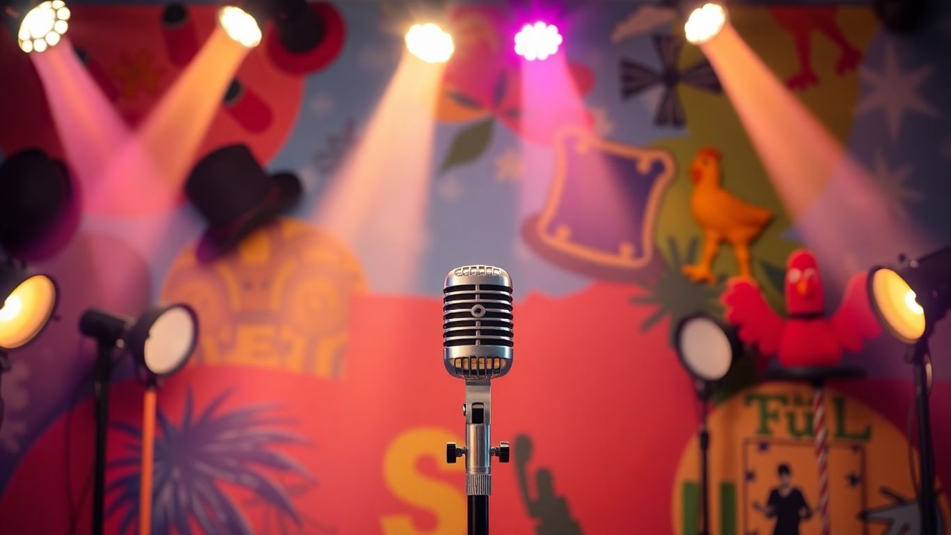 Comedy stage with microphone, props, and colourful lights