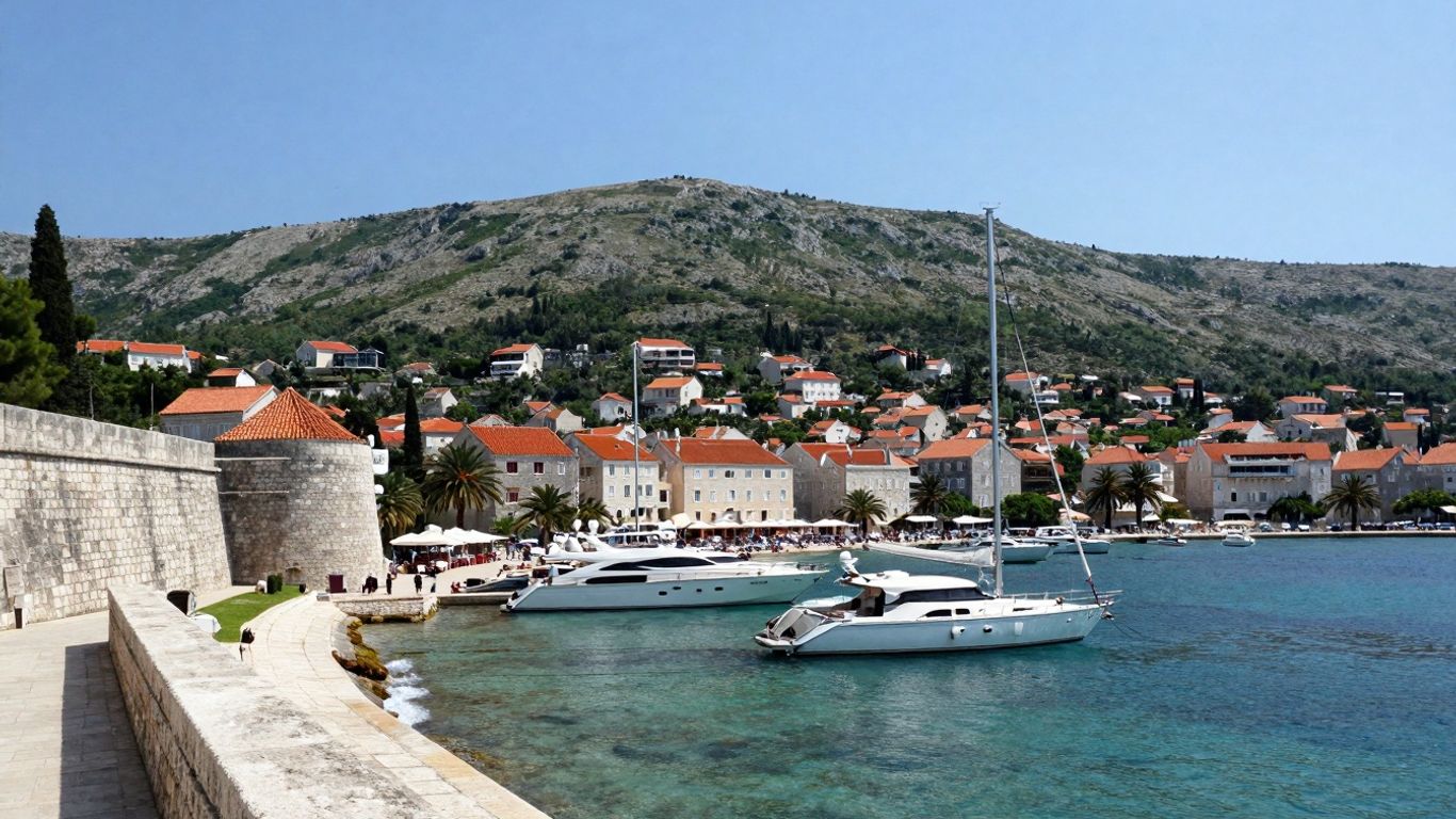 Yachts in Hvar Town harbour with historic buildings.