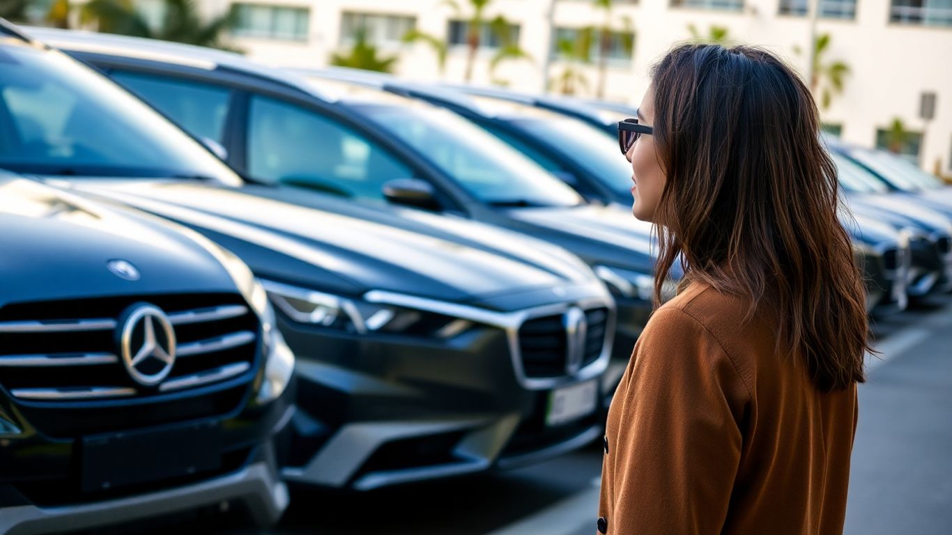 Person considering various modern cars in a neat row.