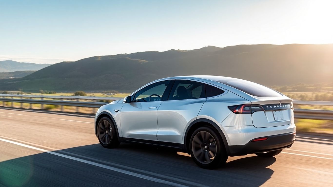 Tesla Model Y driving on a highway.