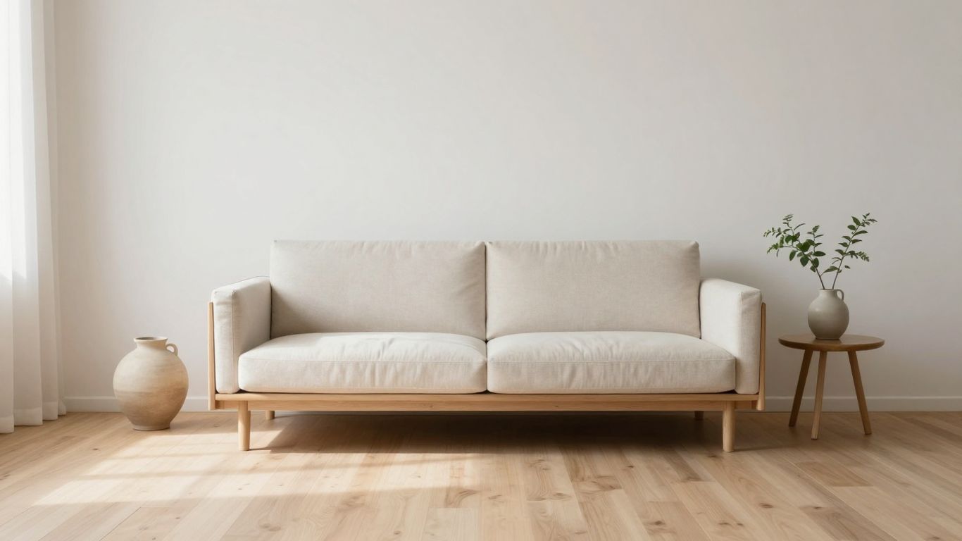 Minimalistisches Wohnzimmer mit natürlichen Elementen und sanftem Licht.