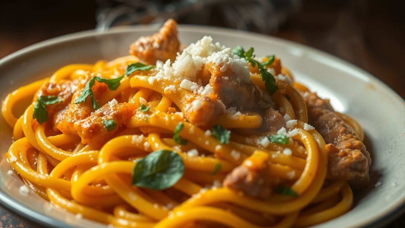 Butternut squash pasta with chestnut sauce and fresh herbs.