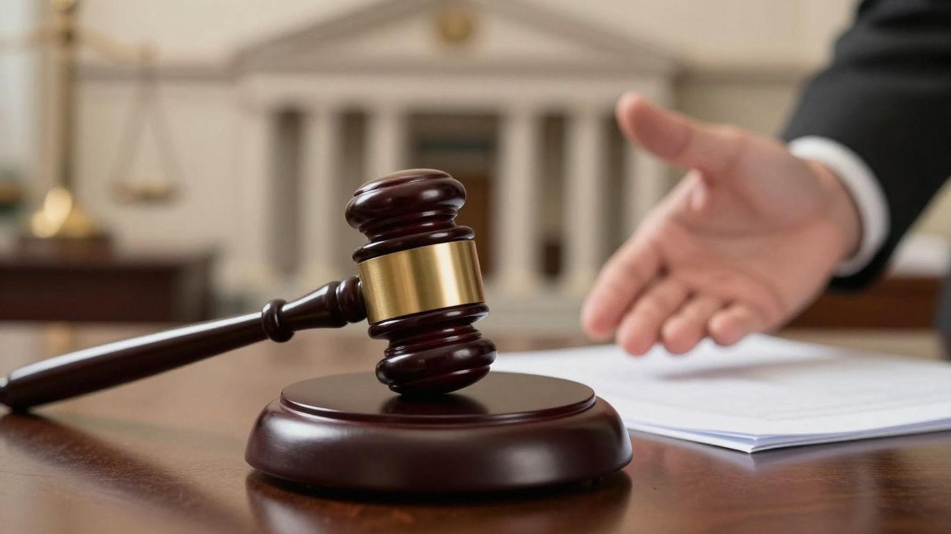Gavel on legal documents with courthouse background.