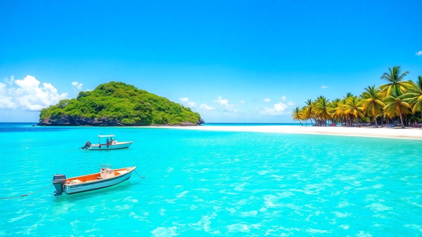 Caribbean boat anchored by tropical island beach