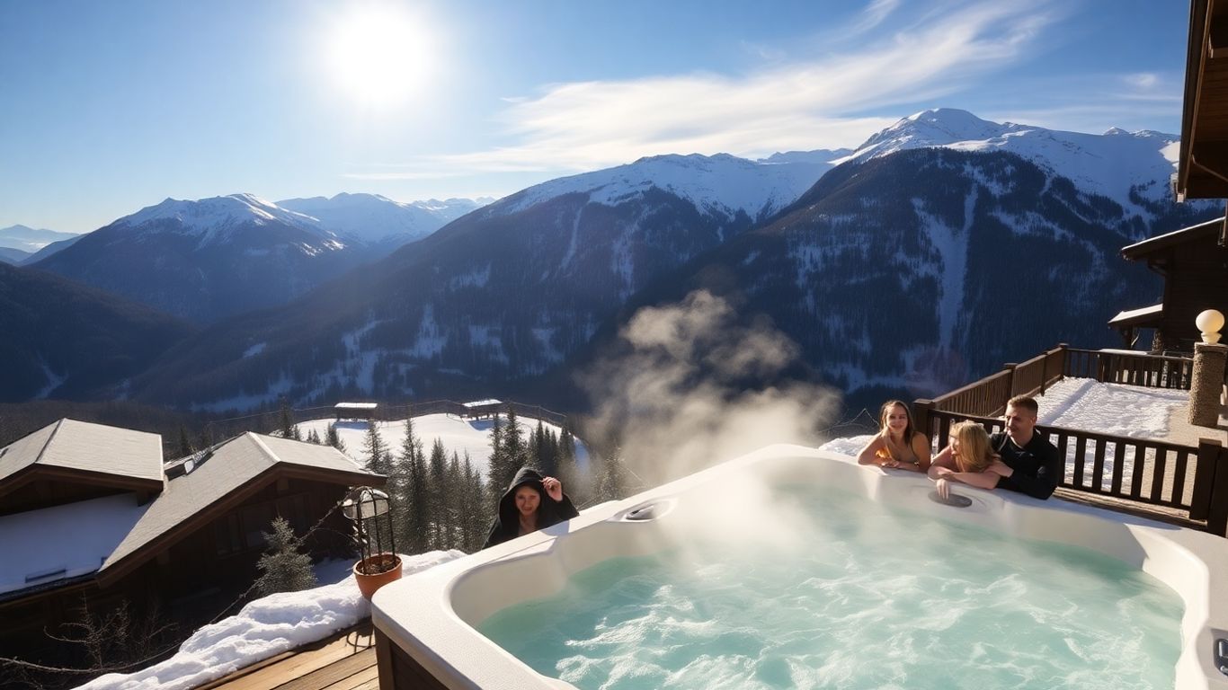 Rent Luxury Holiday Villas Gstaad 2025: Attività di Lusso Non Sciistiche, Shopping di Alta Gamma e Raffinata Cultura Alpina Persone eleganti che si godono una vasca idromassaggio con vista sulle montagne a Gstaad.