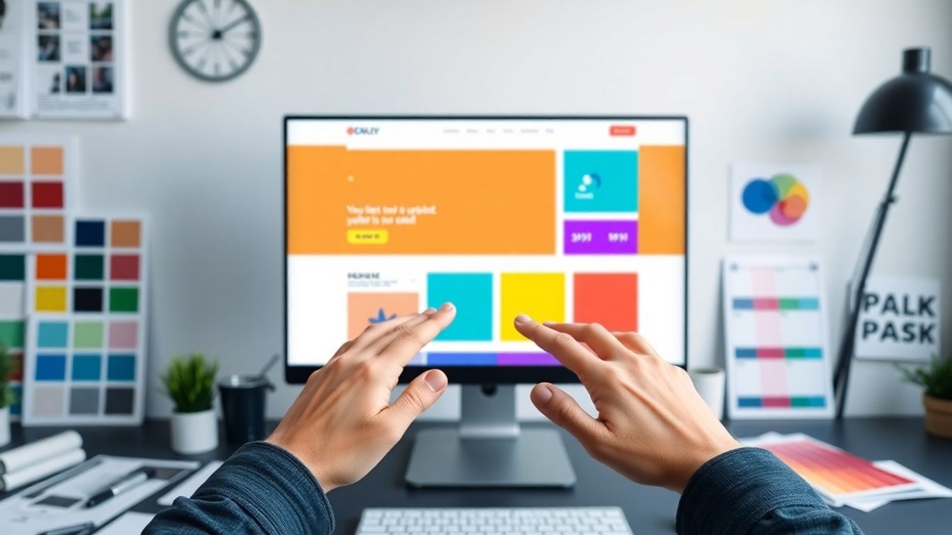 Colorful website layout on screen with palettes and workspace